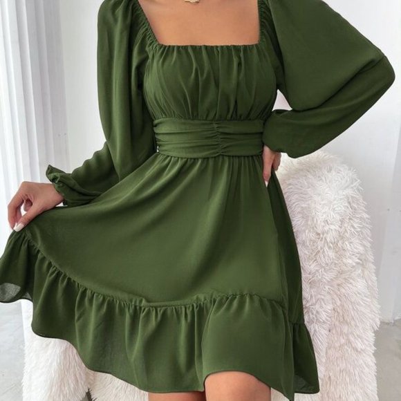 Knot Back Lantern Sleeve Ruffle Hem Dress - Picture 4 of 5